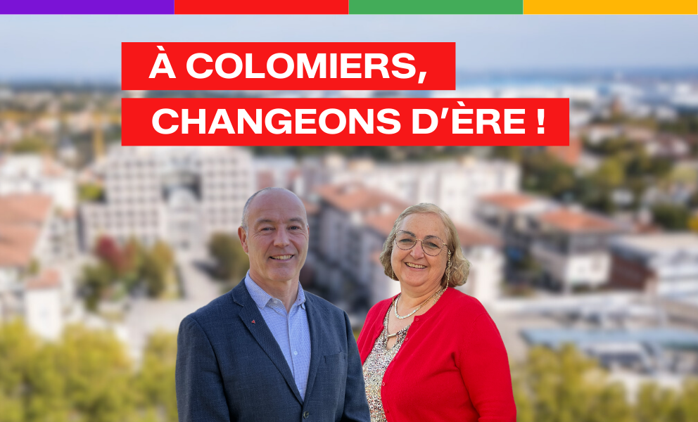 Bannière header avec le nom de la liste "À Colomiers, changeons d'ère", ainsi que les deux têtes de listes François Lépineux et Samira Alaoui.