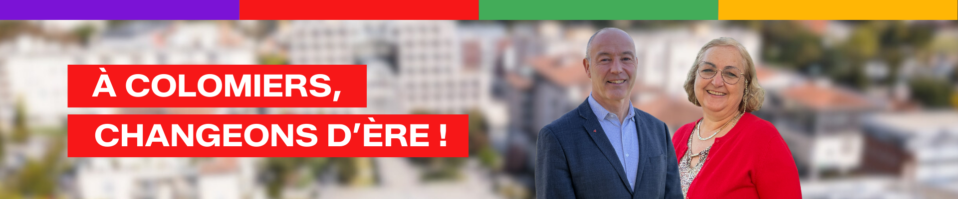 Bannière header avec le nom de la liste "À Colomiers, changeons d'ère", ainsi que les deux têtes de listes François Lépineux et Samira Alaoui.